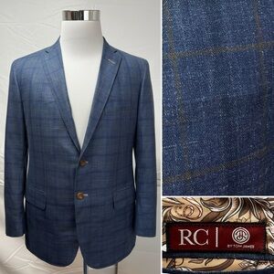 Tom James Men's 40S Bespoke Custom Blue Plaid Silk Wool Tailored Blazer Jacket